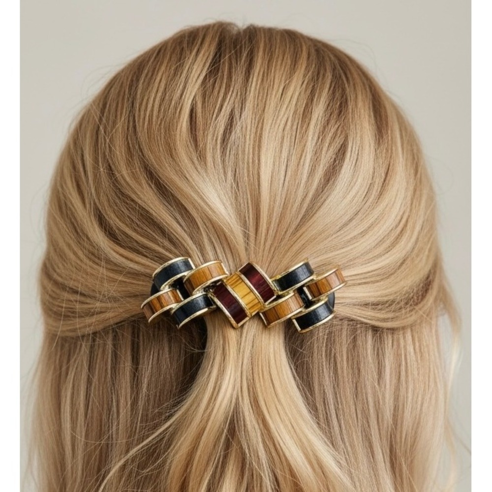 Vintage Art Deco Geometric Earth Tone Faux Wood Gold Tone Metal Links Hair Clip